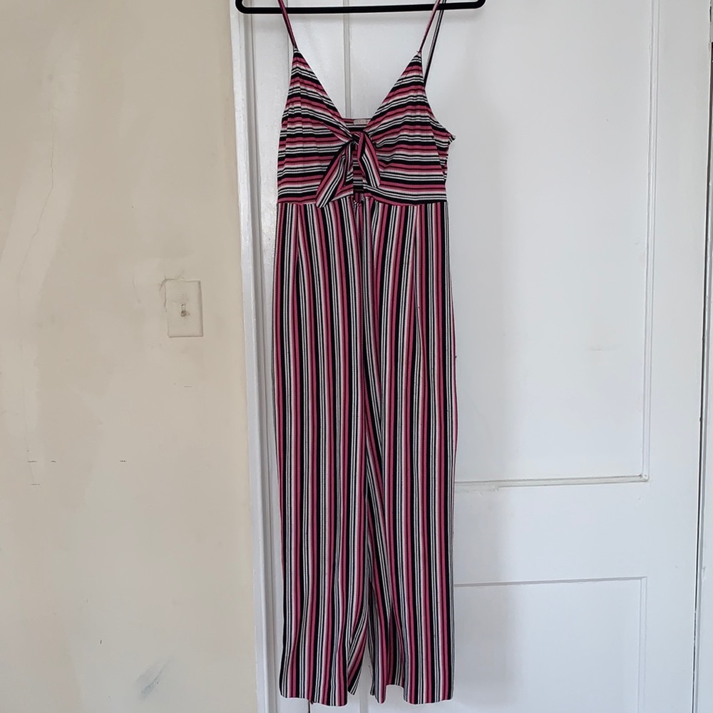 Pink black and white striped jumpsuit, size M